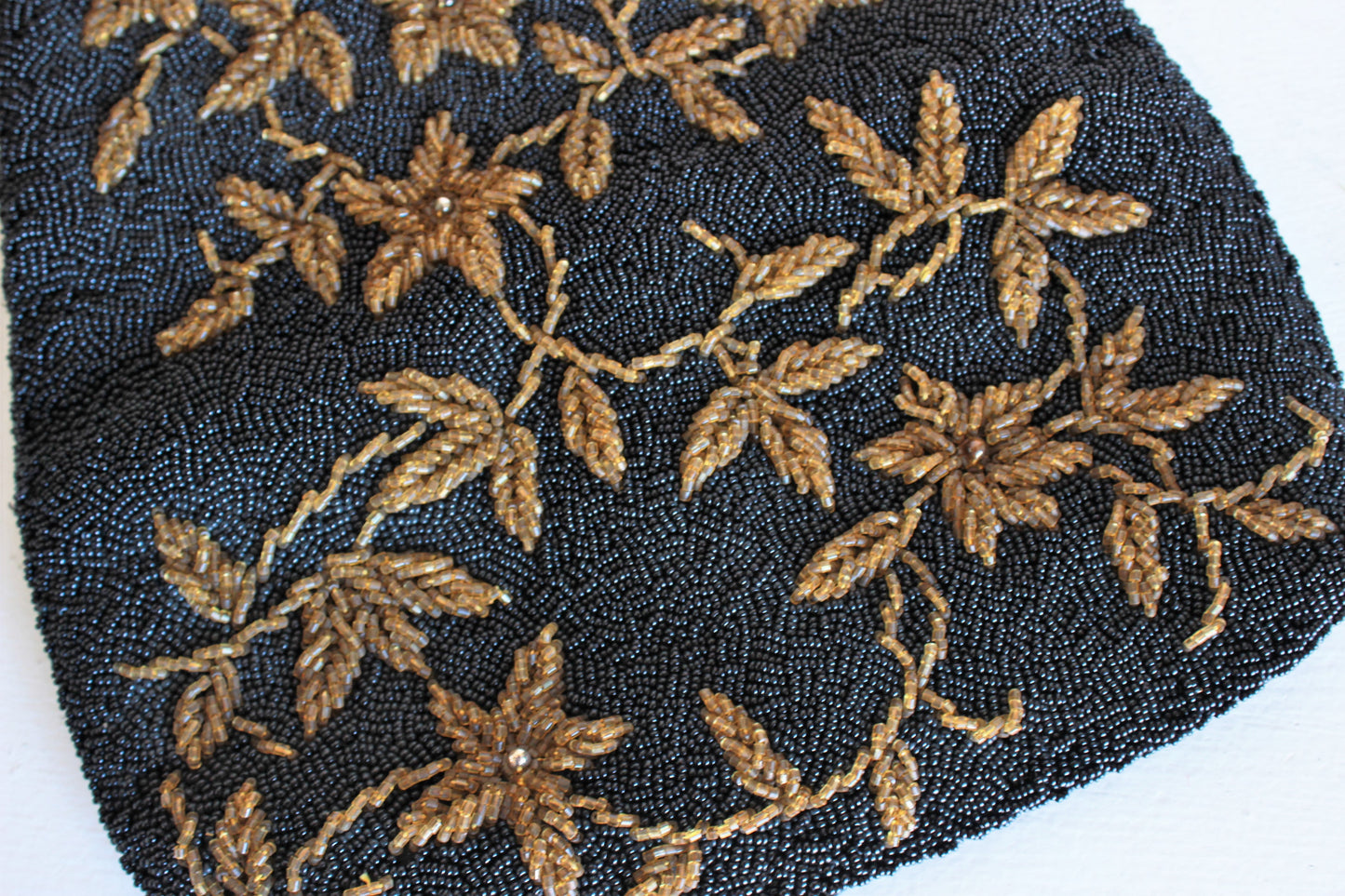 Vintage 1950s Beaded Clutch Bag With Golden Flowers