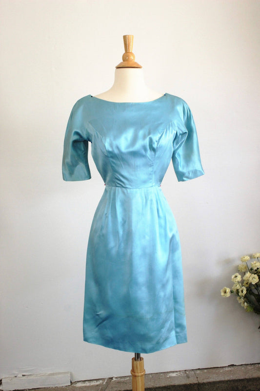 Vintage 1950s Satin Wiggle Cocktail Dress With Bow-Toadstool Farm Vintage-1950s Cocktail Dress,1950s Dress,50s Dress,Blue Dress,Dress With Bow,Metal Zipper,Satin Dress,Vintage,Vintage Clothing,Vintage Dress,Vintage Dresses,Wiggle Dress