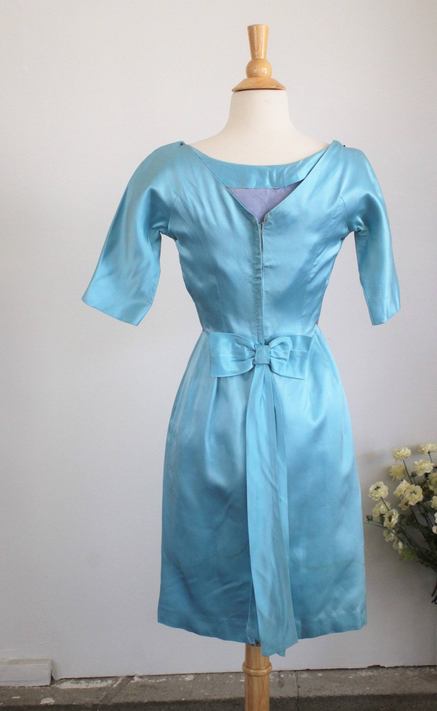 Vintage 1950s Satin Wiggle Cocktail Dress With Bow-Toadstool Farm Vintage-1950s Cocktail Dress,1950s Dress,50s Dress,Blue Dress,Dress With Bow,Metal Zipper,Satin Dress,Vintage,Vintage Clothing,Vintage Dress,Vintage Dresses,Wiggle Dress
