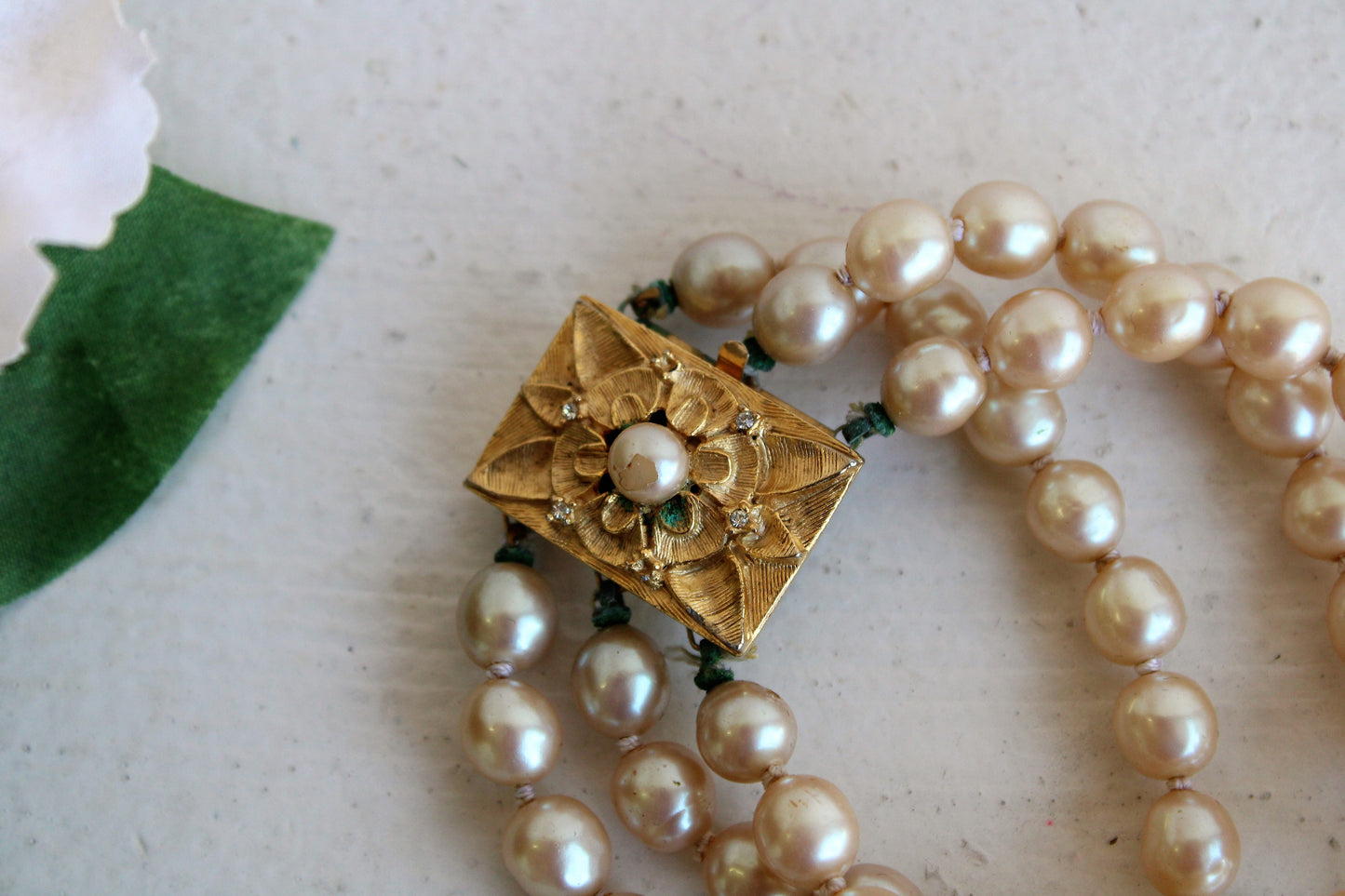 Vintage Mid Century Faux Pearl Bracelet with Ornate Clasp