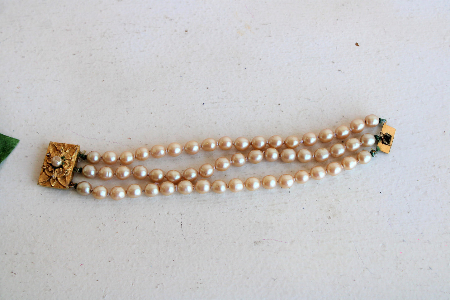 Vintage Mid Century Faux Pearl Bracelet with Ornate Clasp
