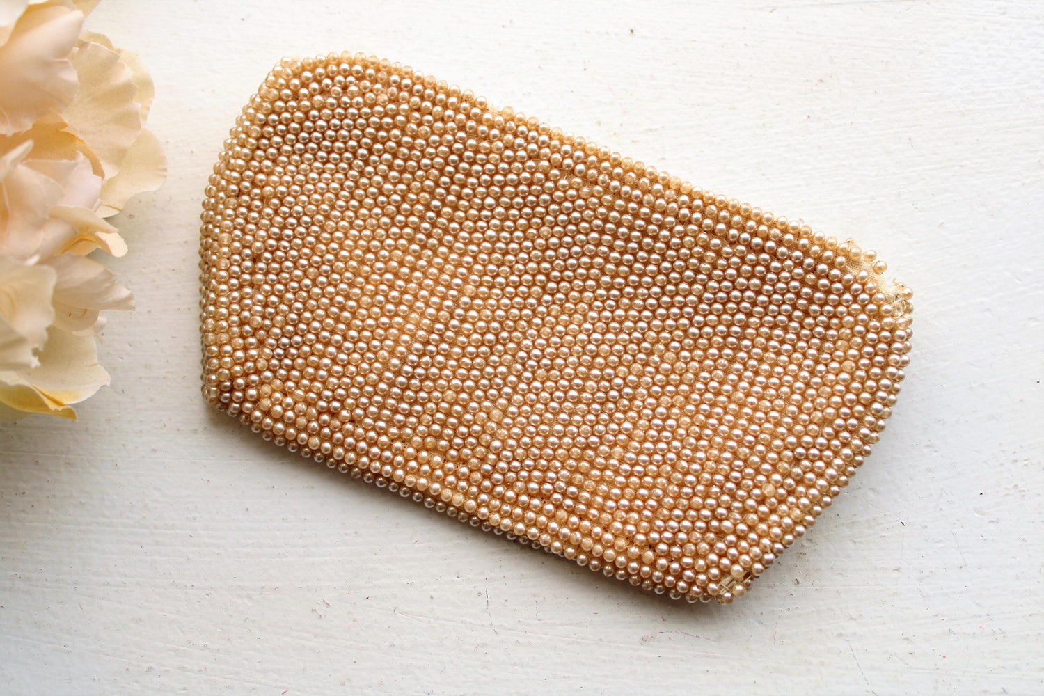 1940s Beaded Clutch Purse Covered In Faux Pearls