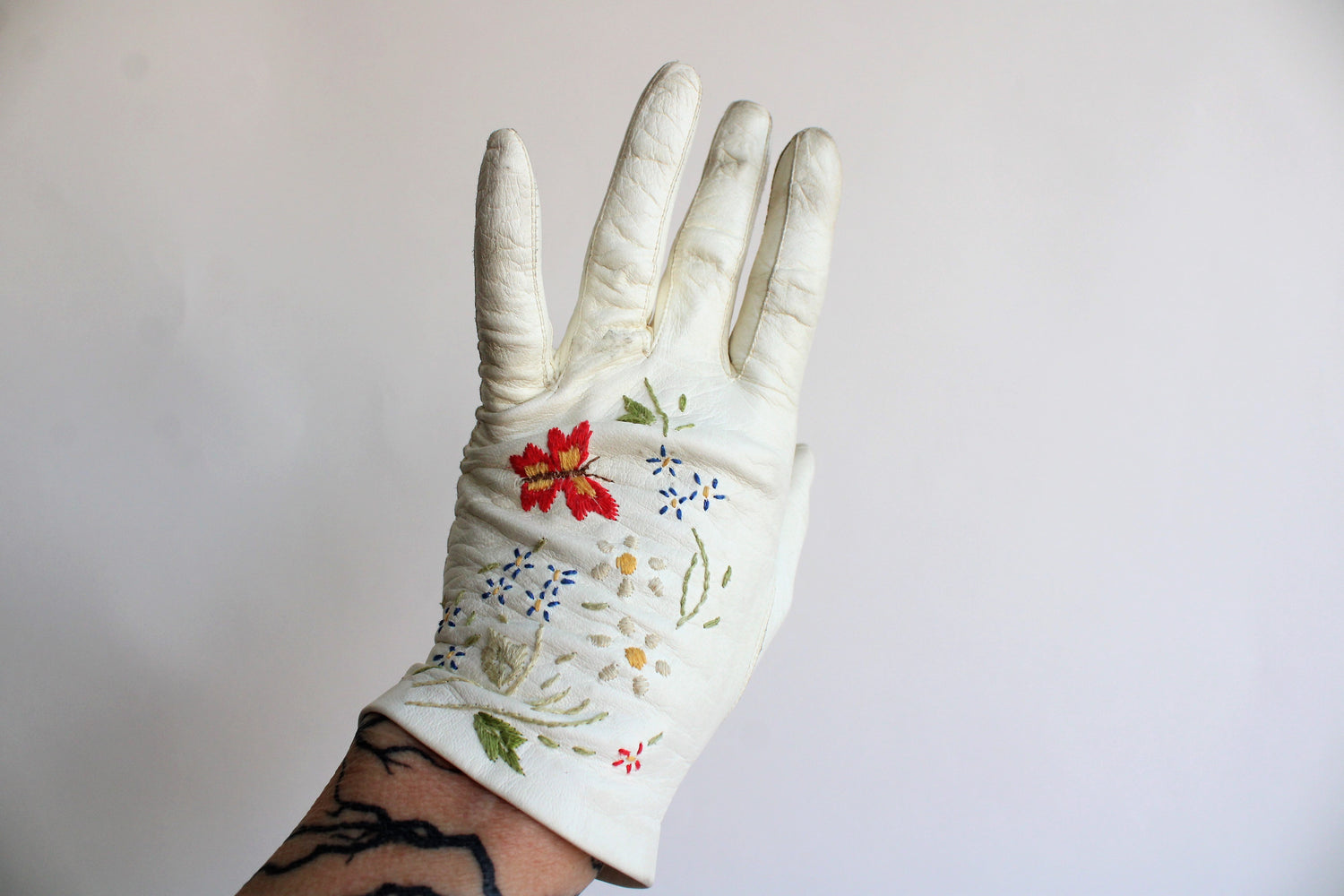 Vintage Butterfly Embroidered Leather Gloves
