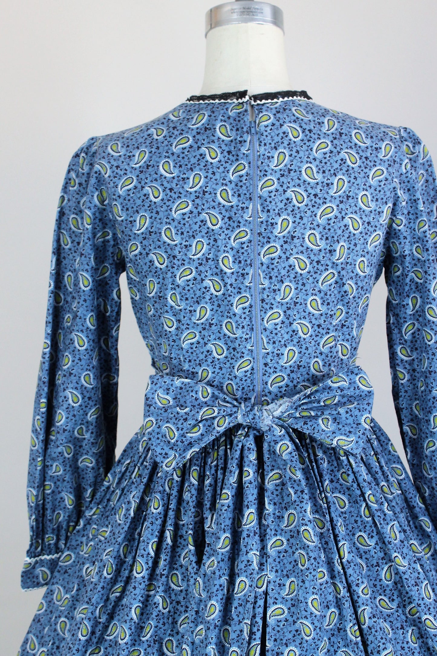 Vintage 1950s Blue Paisley Calico Cotton Fit and Flare Dress