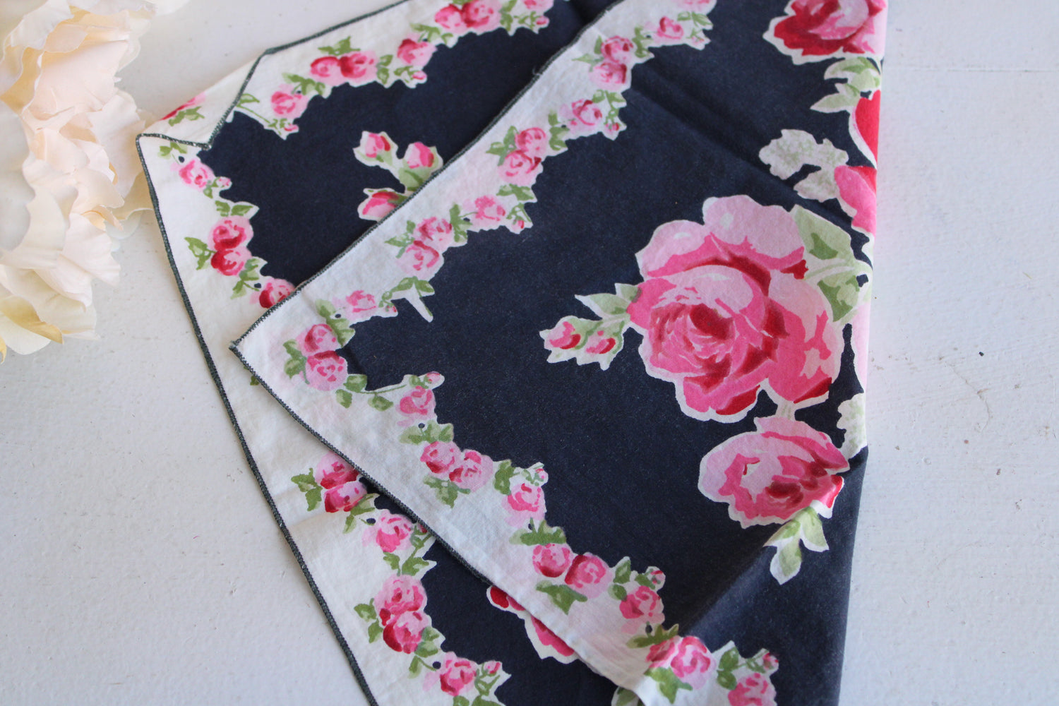 Vintage Navy Blue and Pink Roses Handkerchief