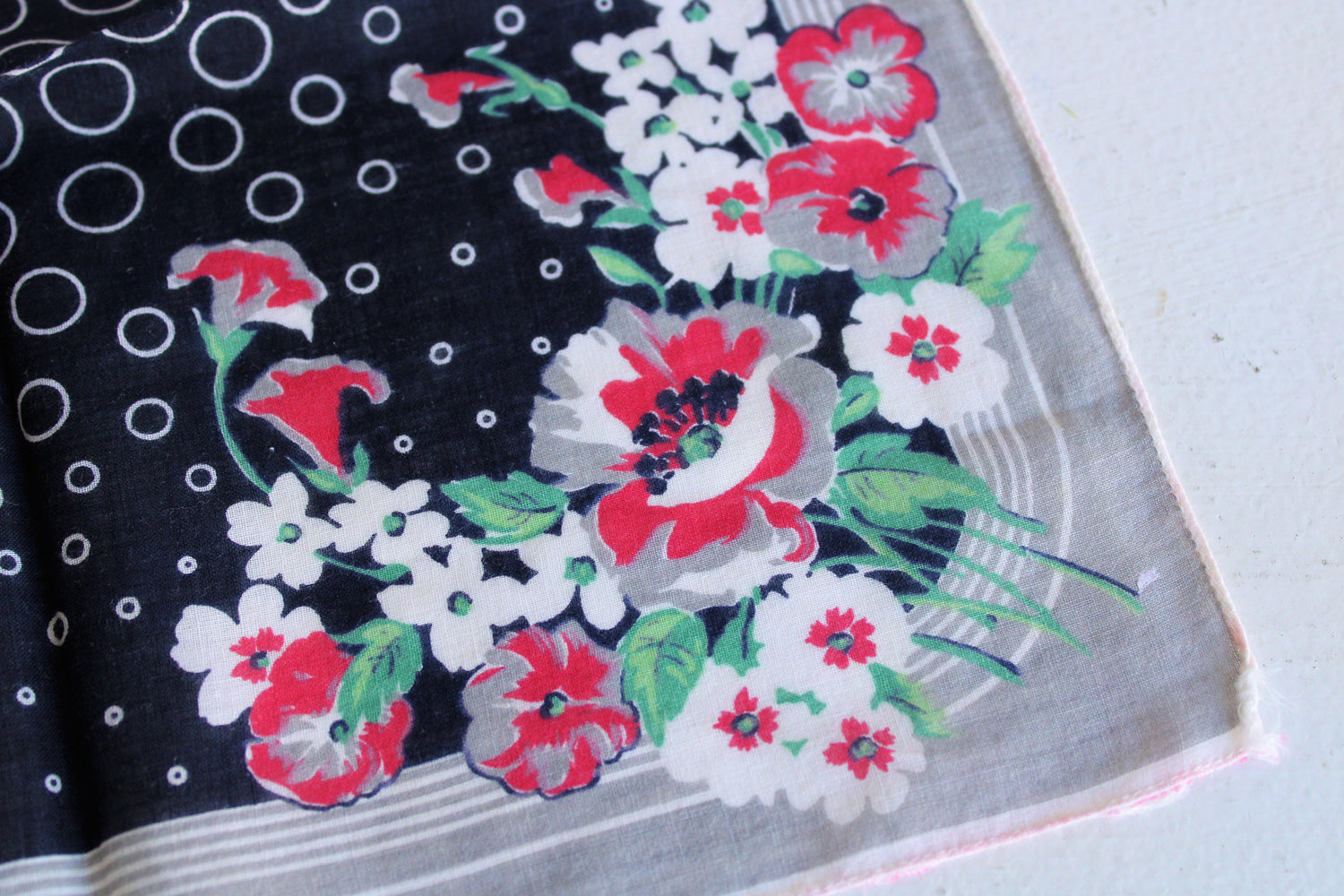 Vintage 1940s Floral Handkerchief in Darkest Navy
