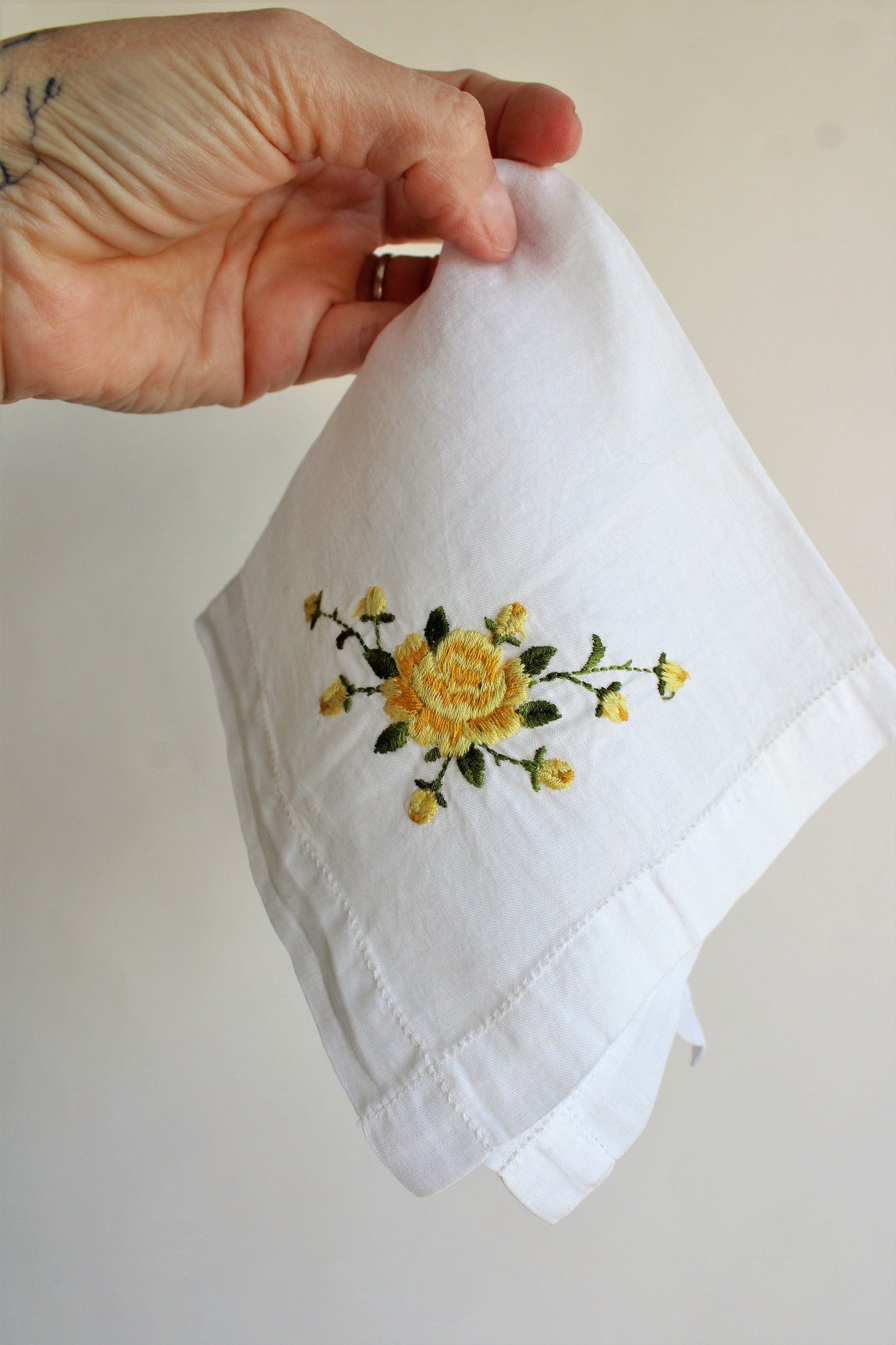 Vintage Embroidered Handkerchief with Yellow Roses