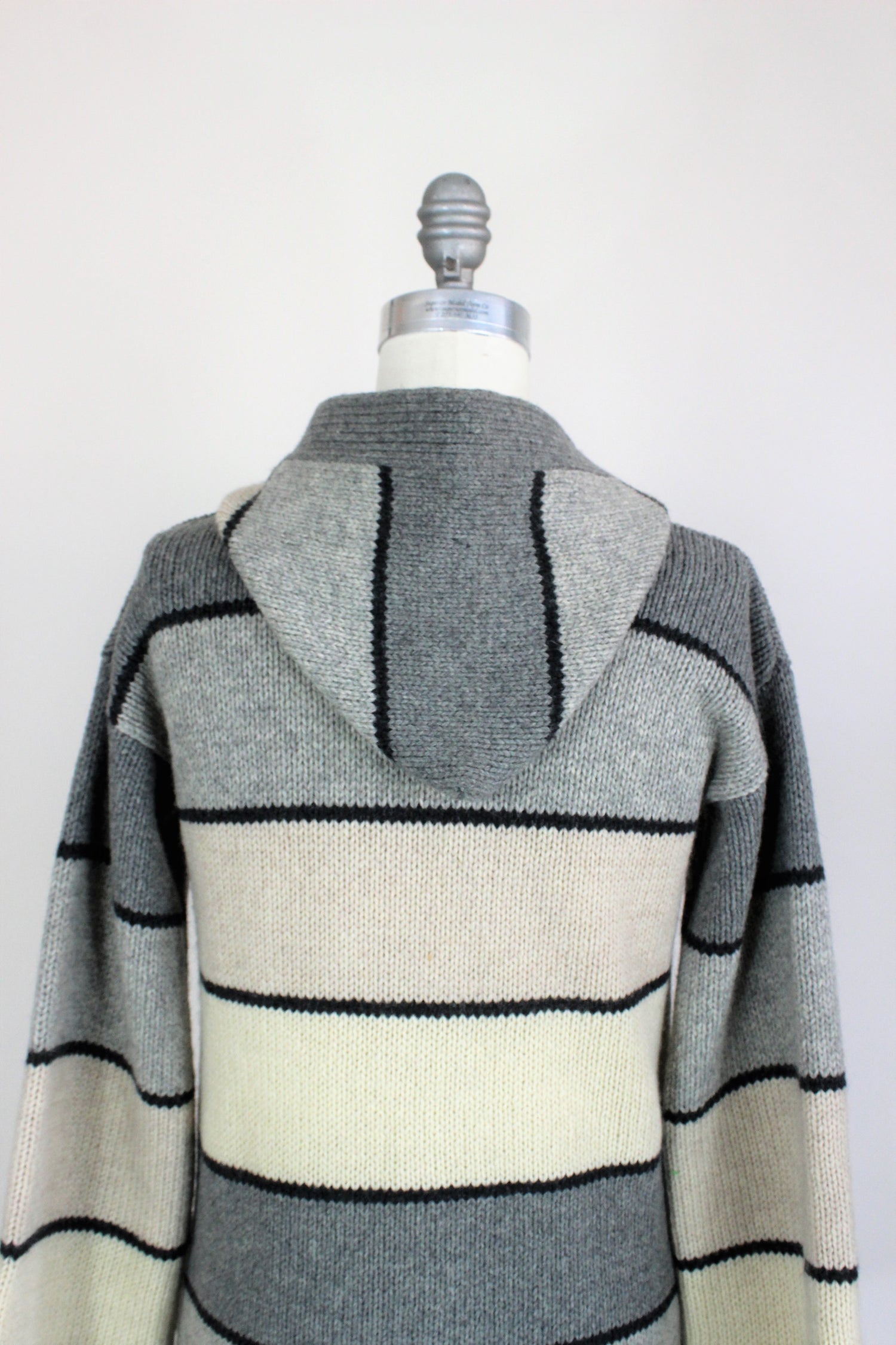Vintage 1970s Hooded Gray And Ivory Long Wool Sweater