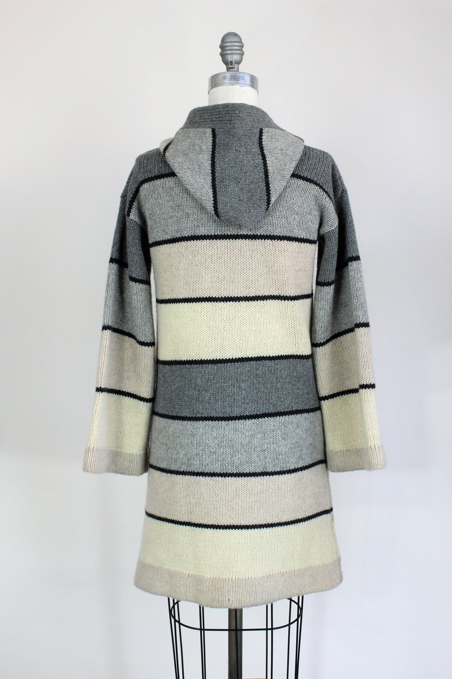 Vintage 1970s Hooded Gray And Ivory Long Wool Sweater