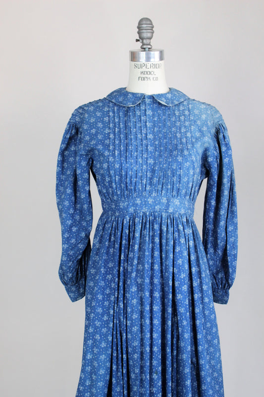 Victorian Late 1800s Blue Paisley Calico Cotton Dress