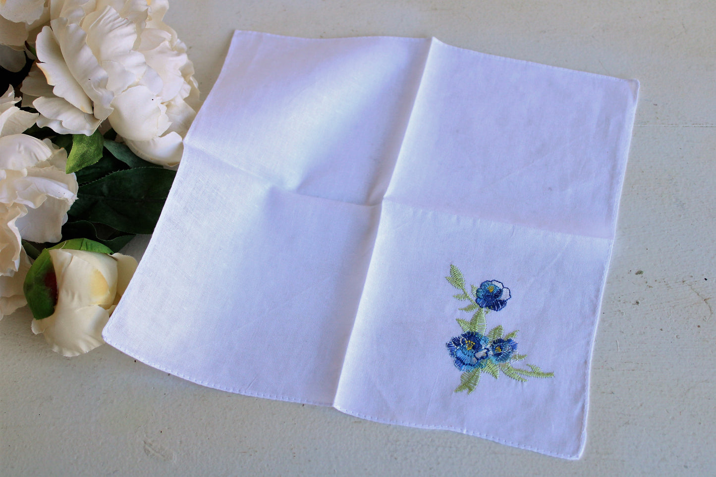 Vintage White Hankie with Blue Embroidered Flowers