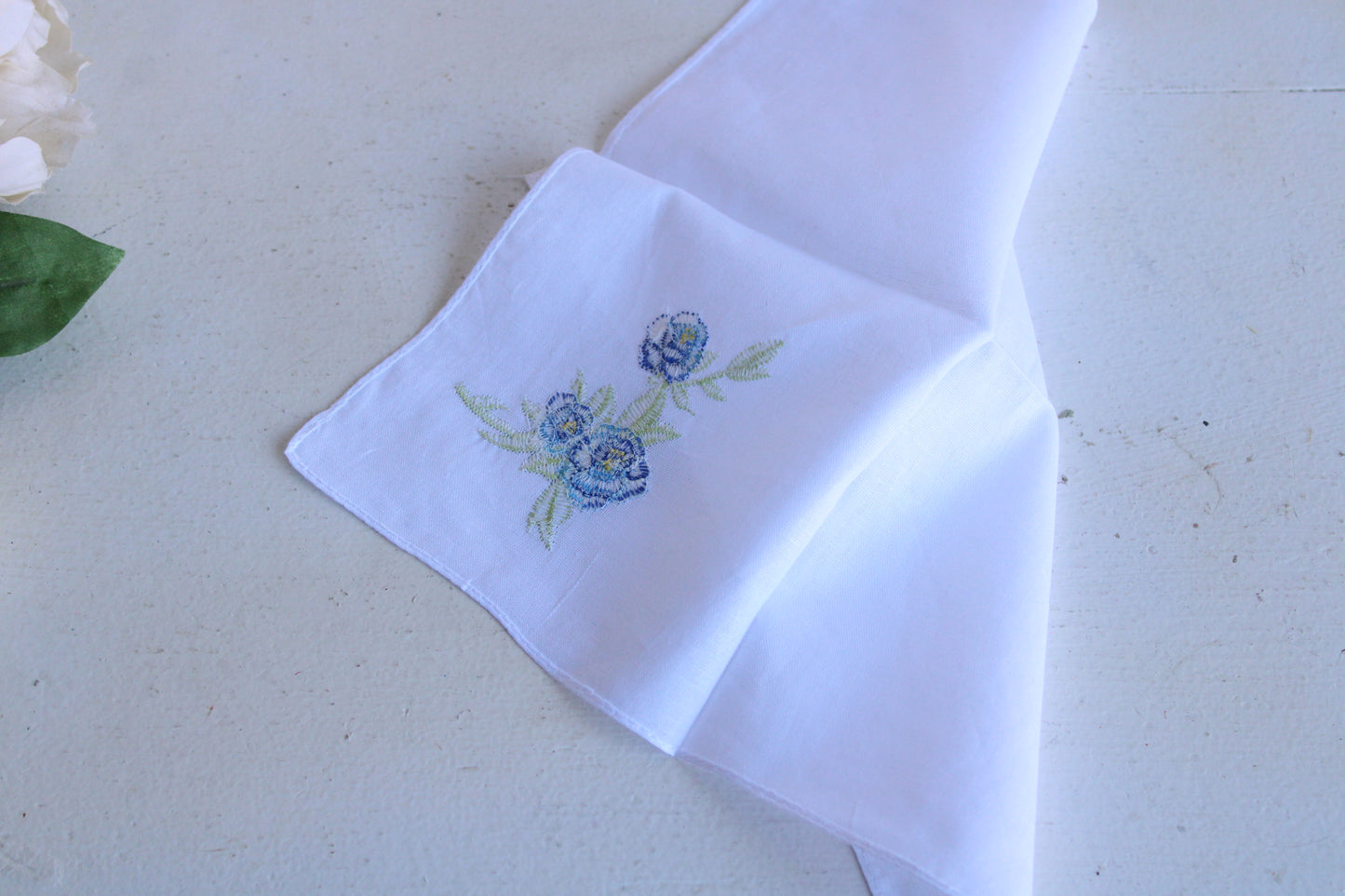 Vintage White Hankie with Blue Embroidered Flowers