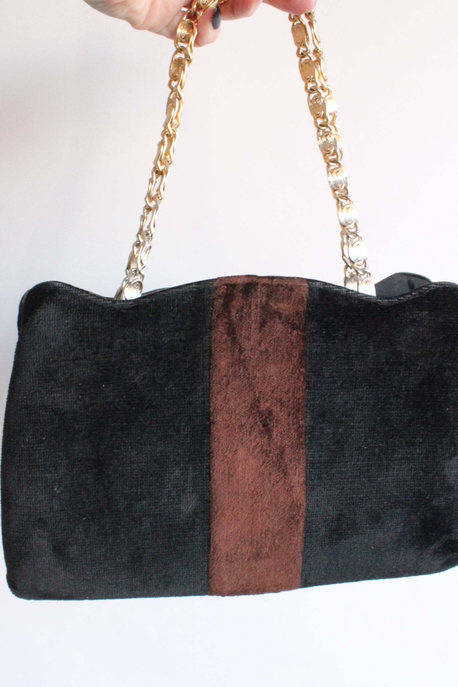 Vintage 1970s Black and Brown Velvet Handbag