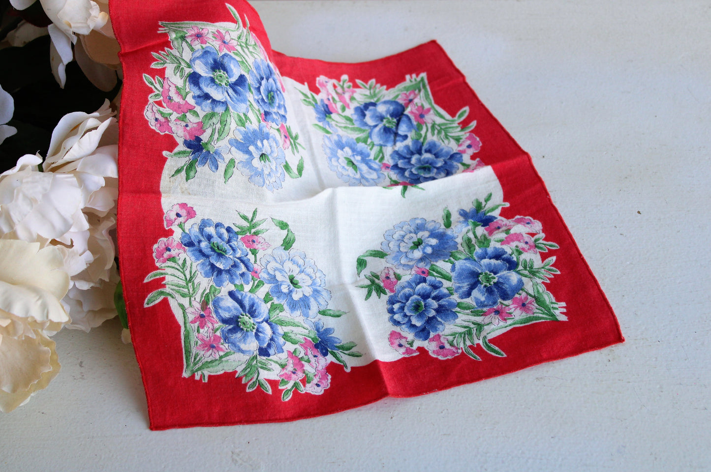 Vintage Red White and Blue Floral Hankie