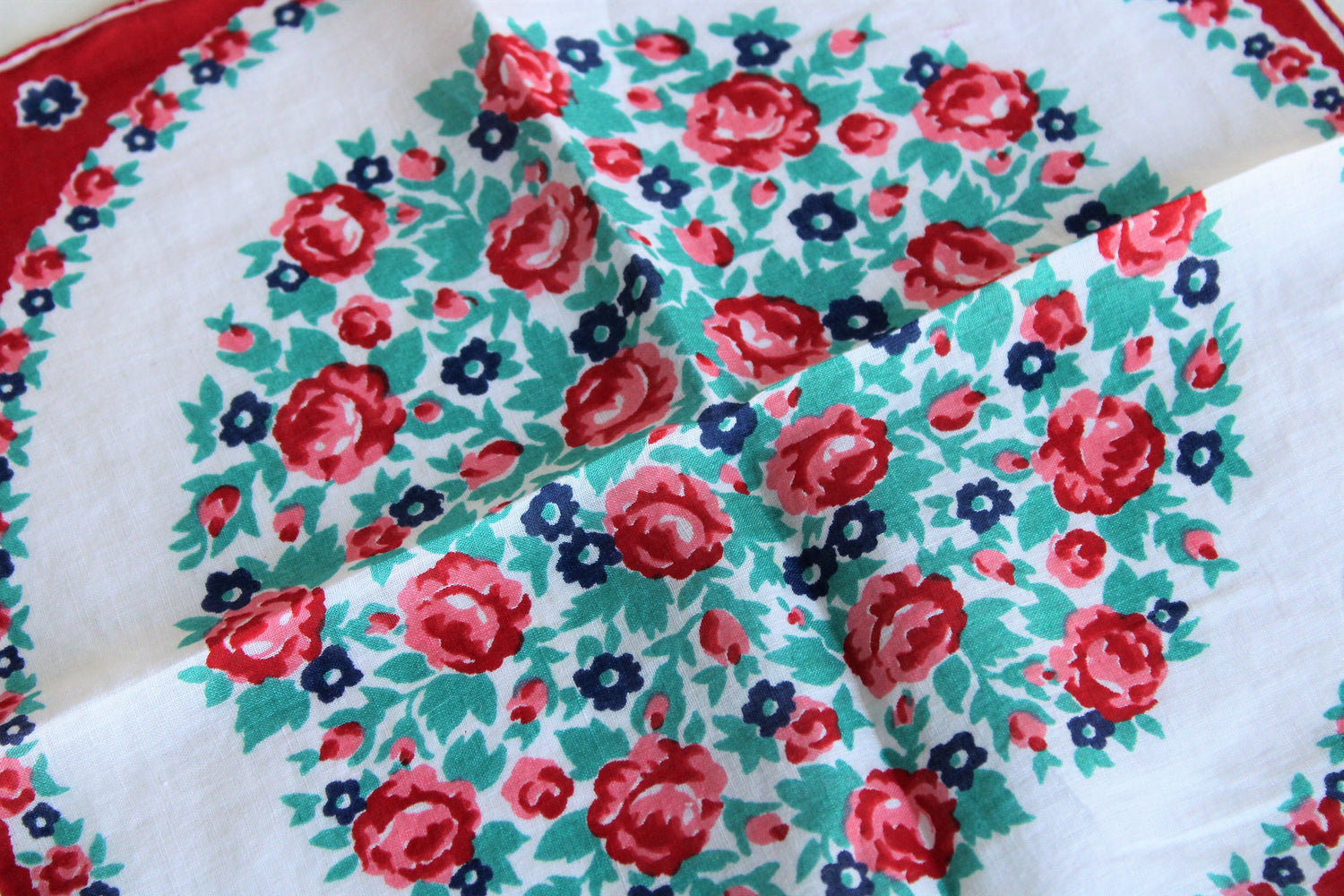 Vintage Cotton Hankie In Navy and Teal