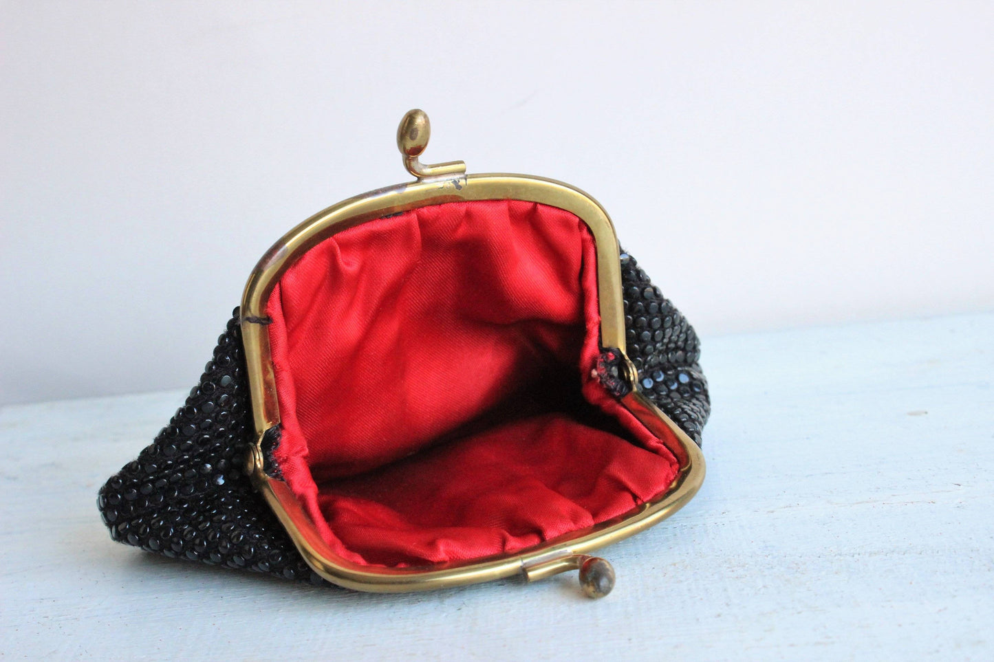 Vintage 1950s Black Dotted Coin Purse With Red Sating Lining-The Black Velvet Emporium-accessory,bag,black and red,coin purse,purse,red lining,Vintage,wallet