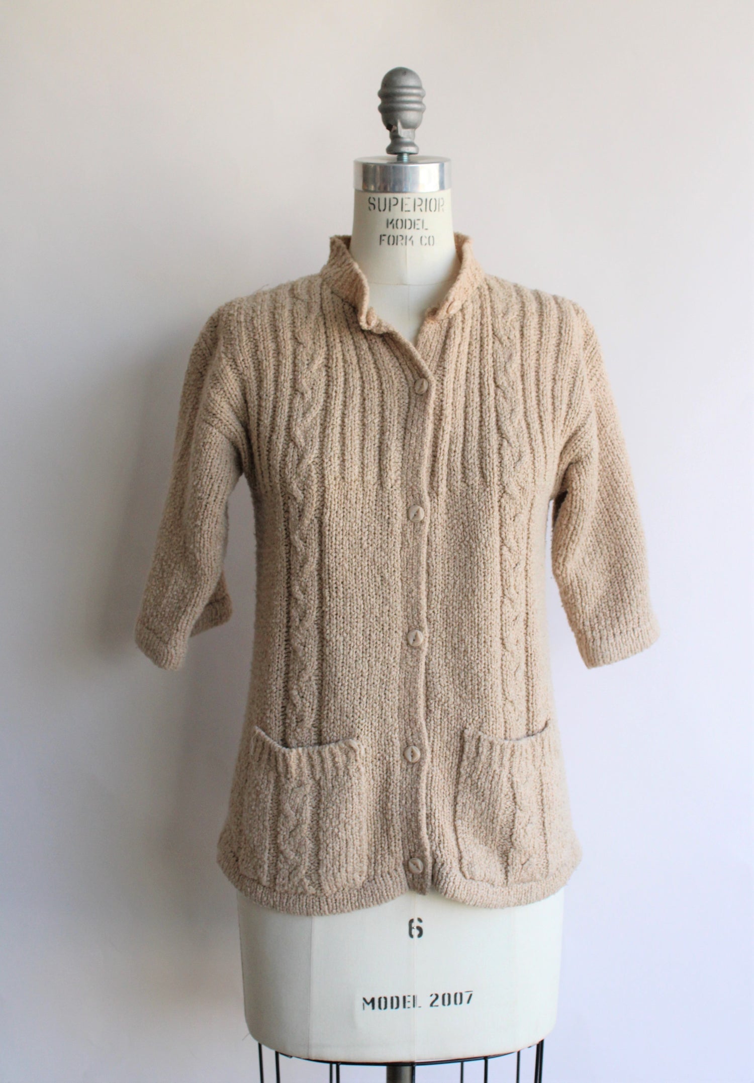 Vintage 1970s LeRoy Knitwear Tan Cable Knit Cardigan