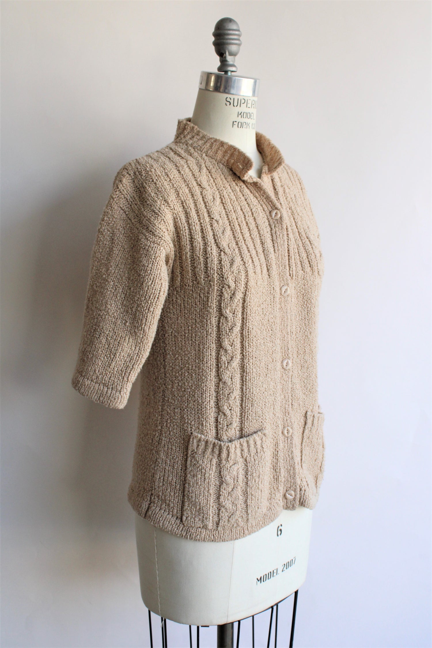 Vintage 1970s LeRoy Knitwear Tan Cable Knit Cardigan