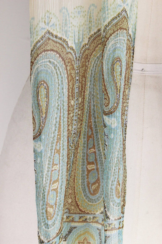 Vintage Echo 1960s Long Scarf, Ivory Chiffon Green Blue And Brown Paisley-Toadstool Farm Vintage-1960s,accessory,chiffon,echo,long,paisley,scarf,Vintage,Vintage Clothing,wrap