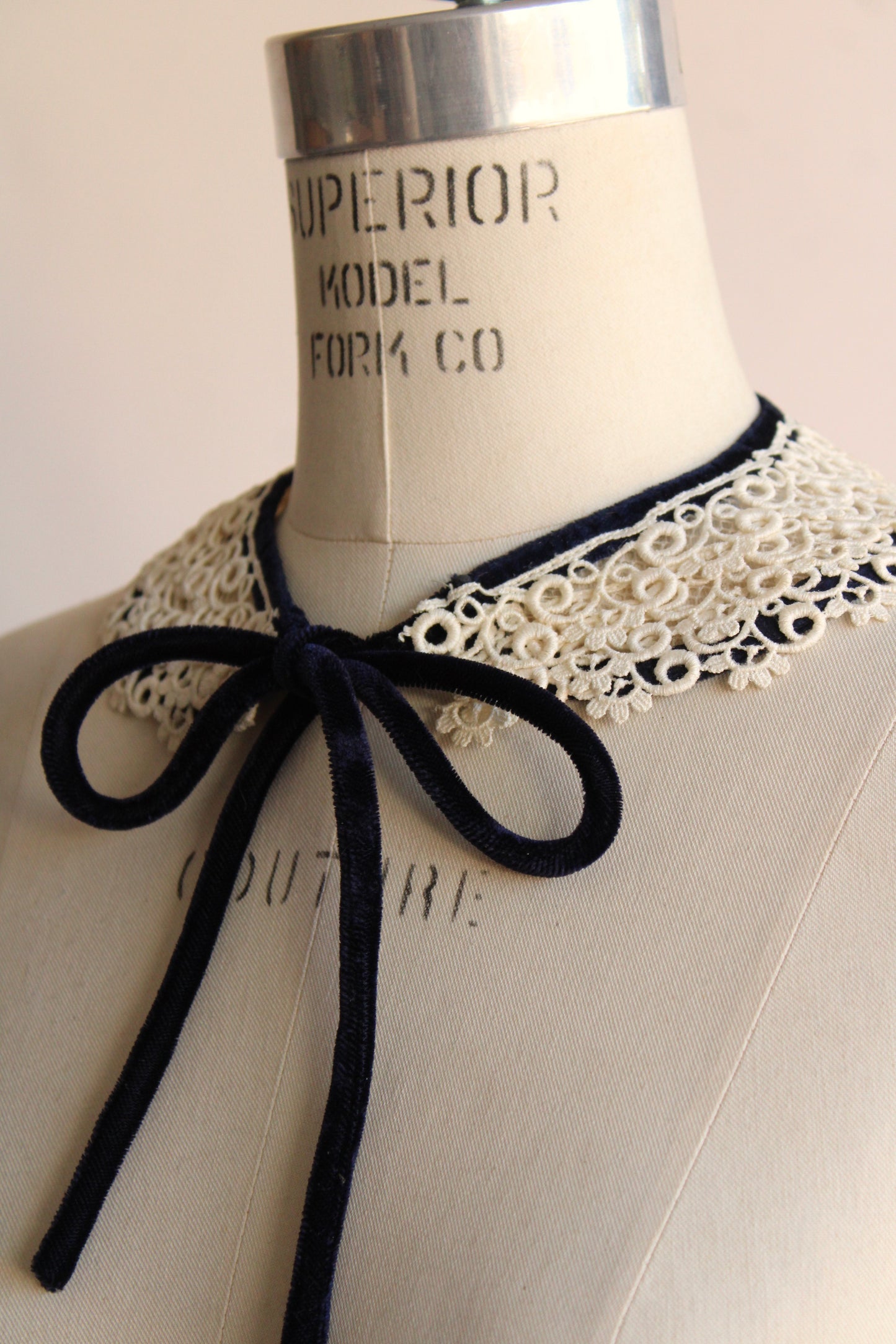 Vintage 1940s Lace Collar with Blue Velvet Ribbon