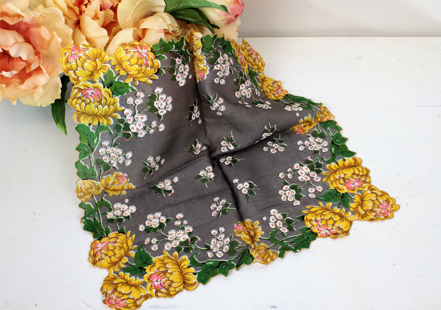 Vintage Gray with Yellow Flower Print Vintage Hanky