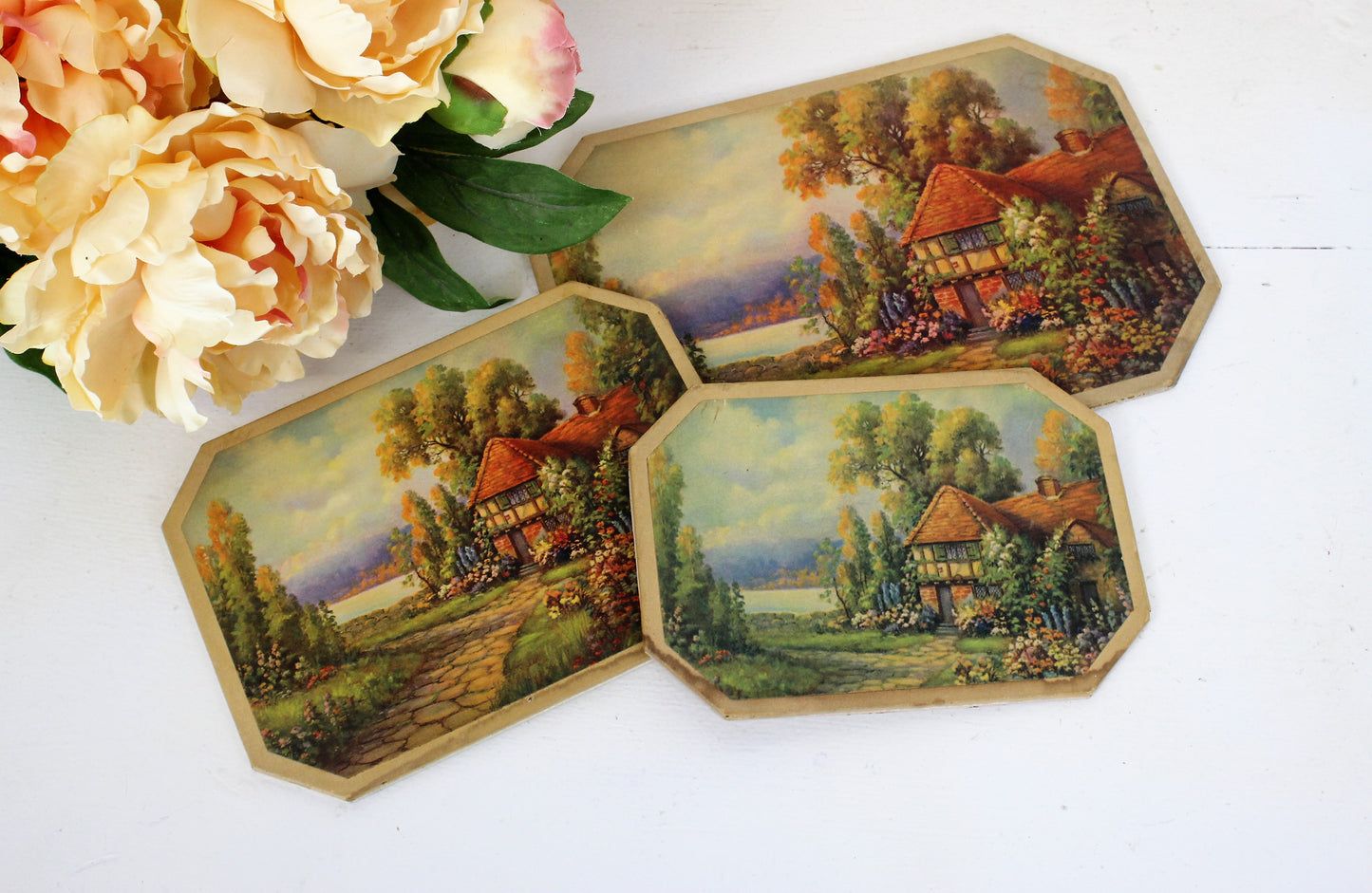 Vintage 1960s 1970s Prints on Wood English Cottage Country Life, Table Protector
