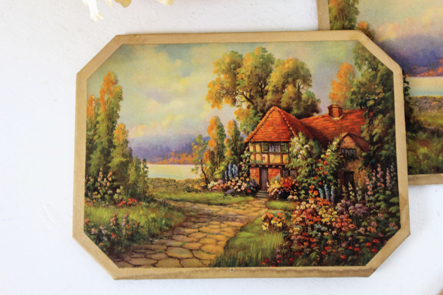 Vintage 1960s 1970s Prints on Wood English Cottage Country Life, Table Protector