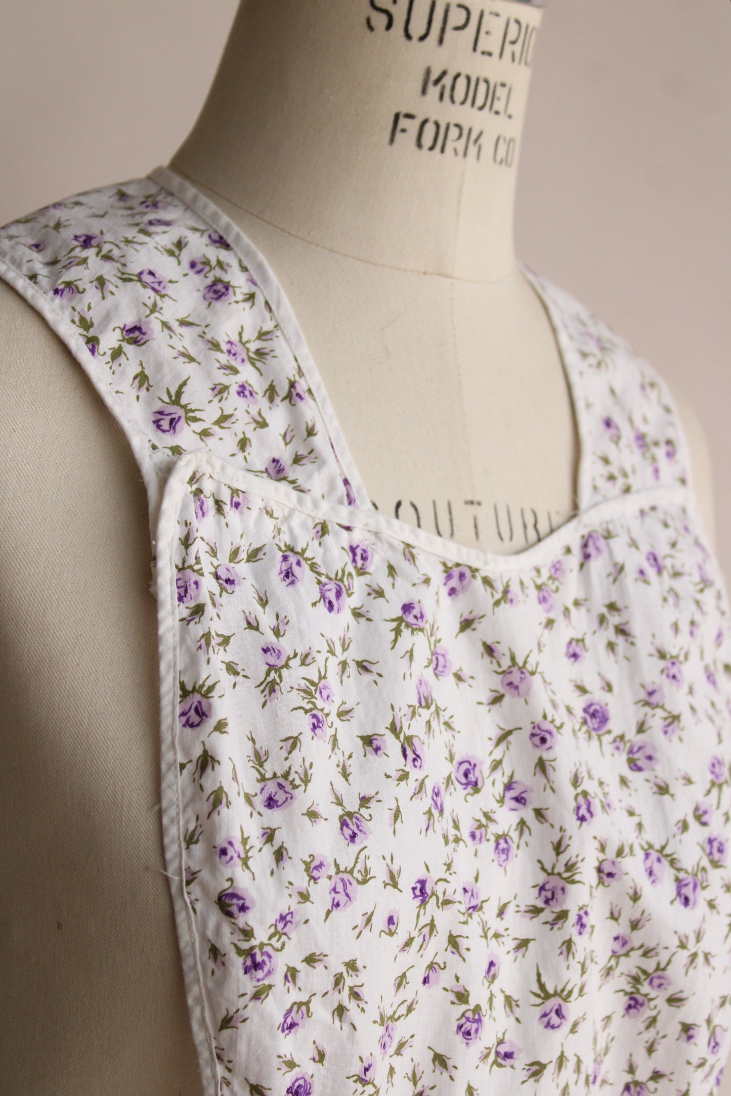 Vintage Pinafore Apron Top Or Bib with Purple Roses