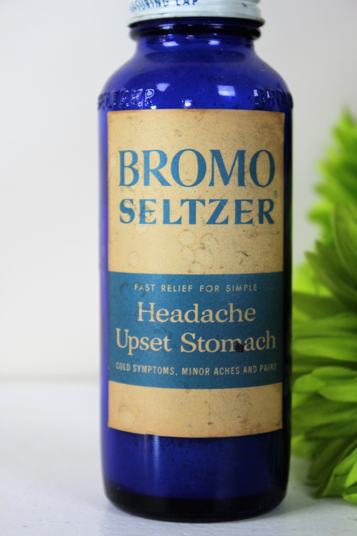 Vintage Cobalt Blue Glass Bottle of Bromo Seltzer With Label And Lid