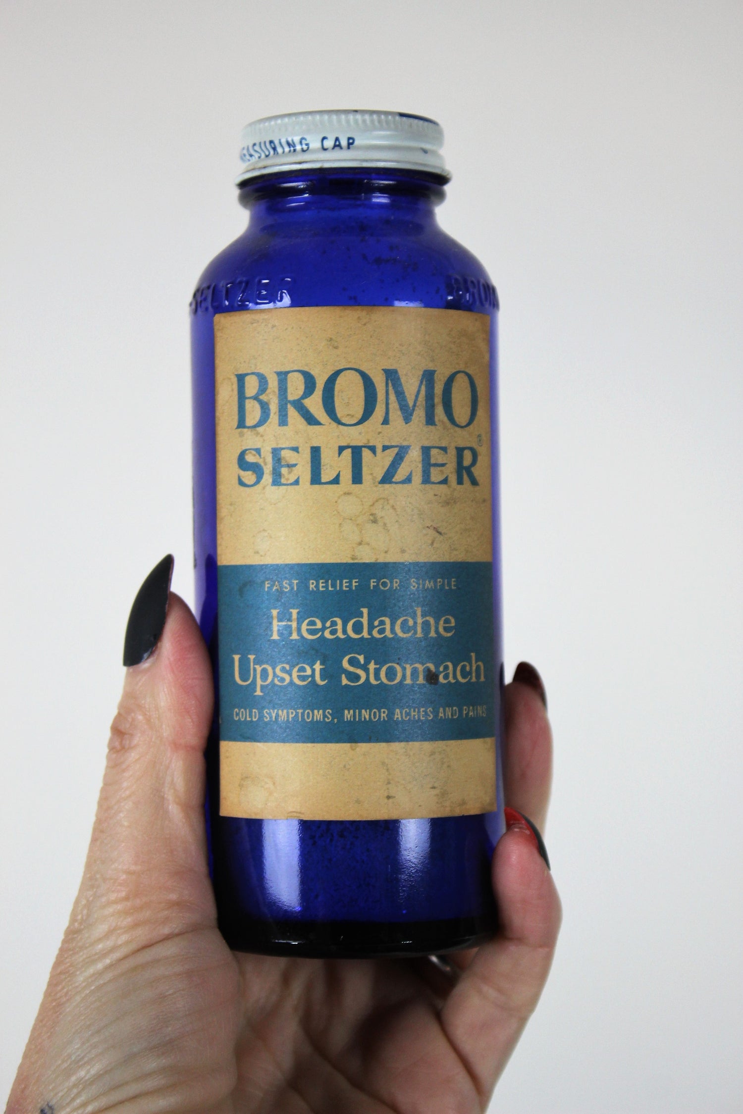 Vintage Cobalt Blue Glass Bottle of Bromo Seltzer With Label And Lid
