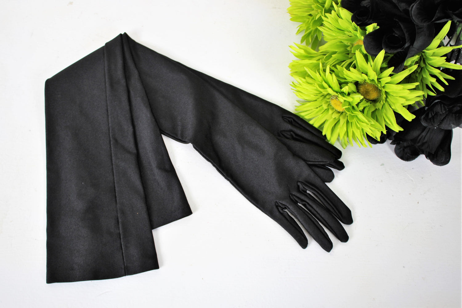 Vintage 1960s Black Satin Gloves by Gant Neyret, Made in France, Size 7