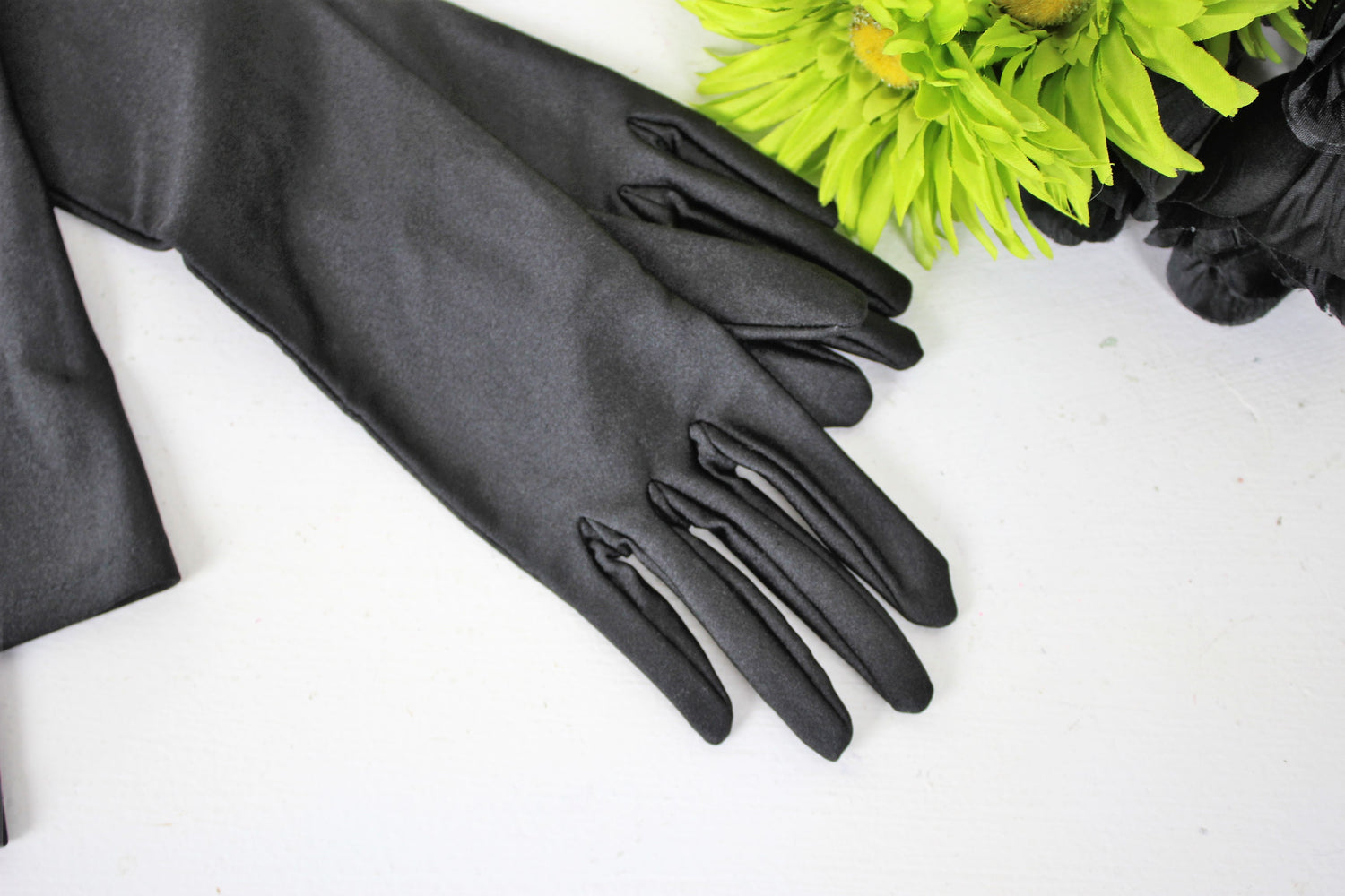 Vintage 1960s Black Satin Gloves by Gant Neyret, Made in France, Size 7