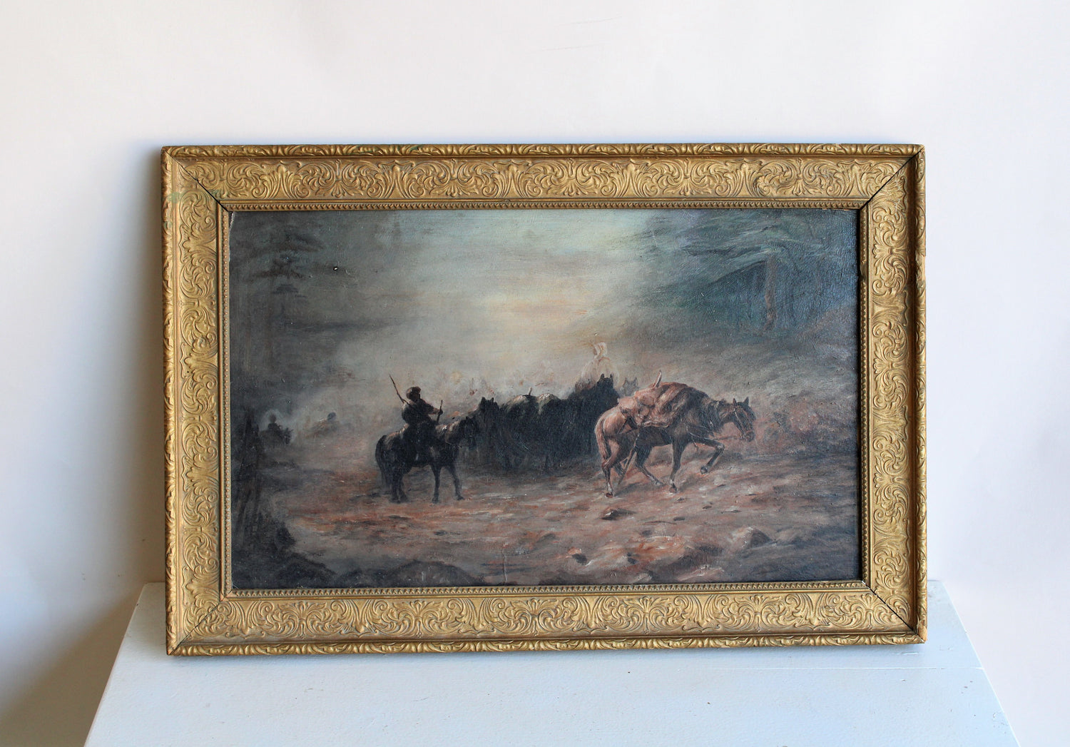 Vintage Framed Oil Painting on Pressed Wood, Nomadic Horse Art Print