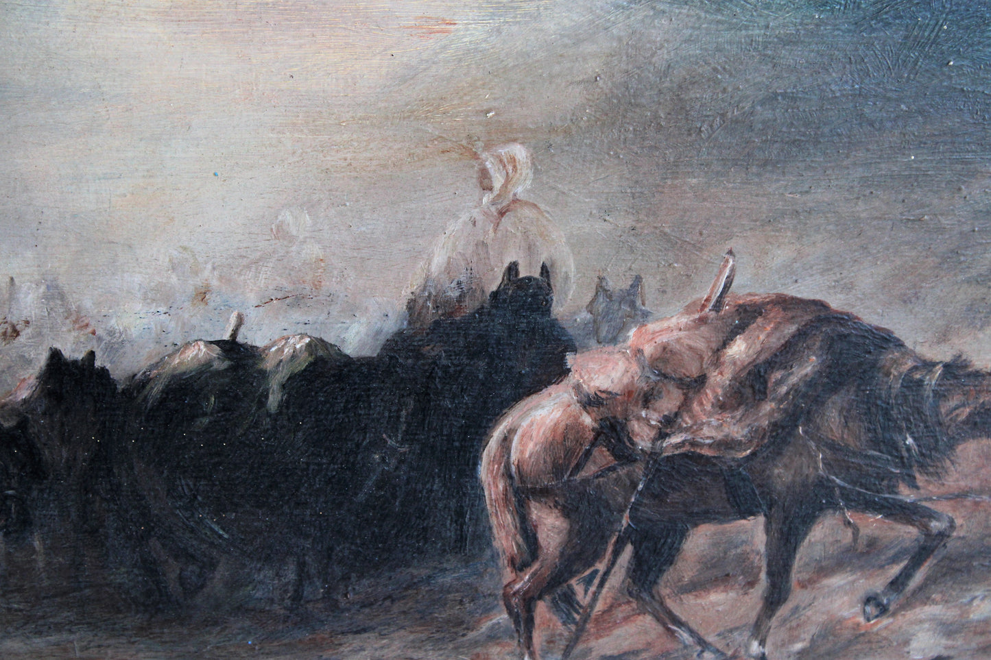 Vintage Framed Oil Painting on Pressed Wood, Nomadic Horse Art Print