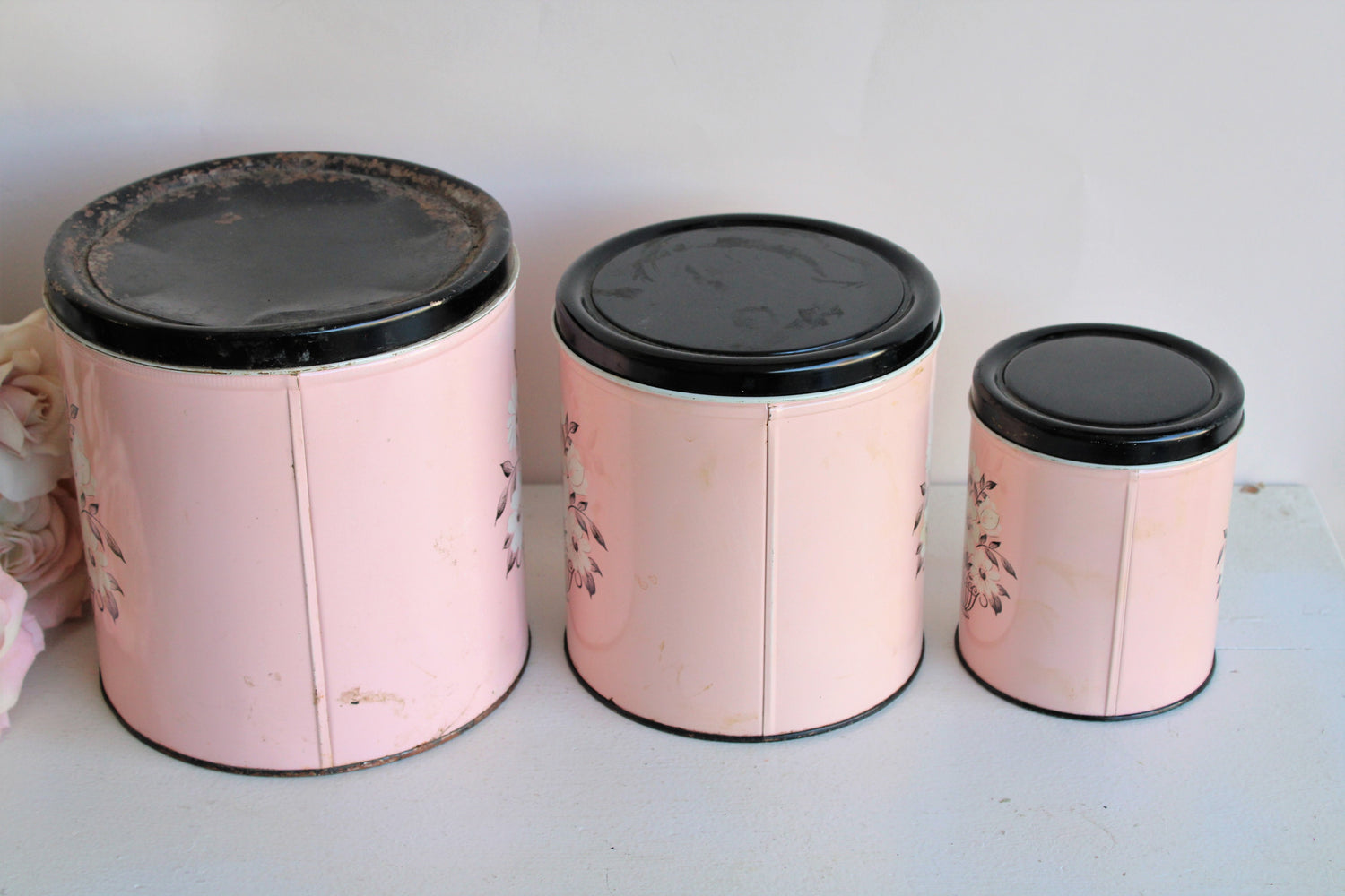 Vintage 1950s Decoware Pink and Black Canister Set
