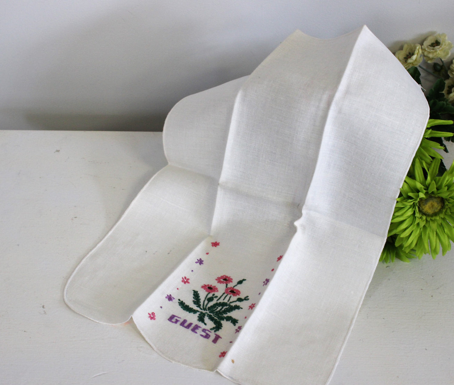 Vintage 1960s White Linen Tea Towel For Guests