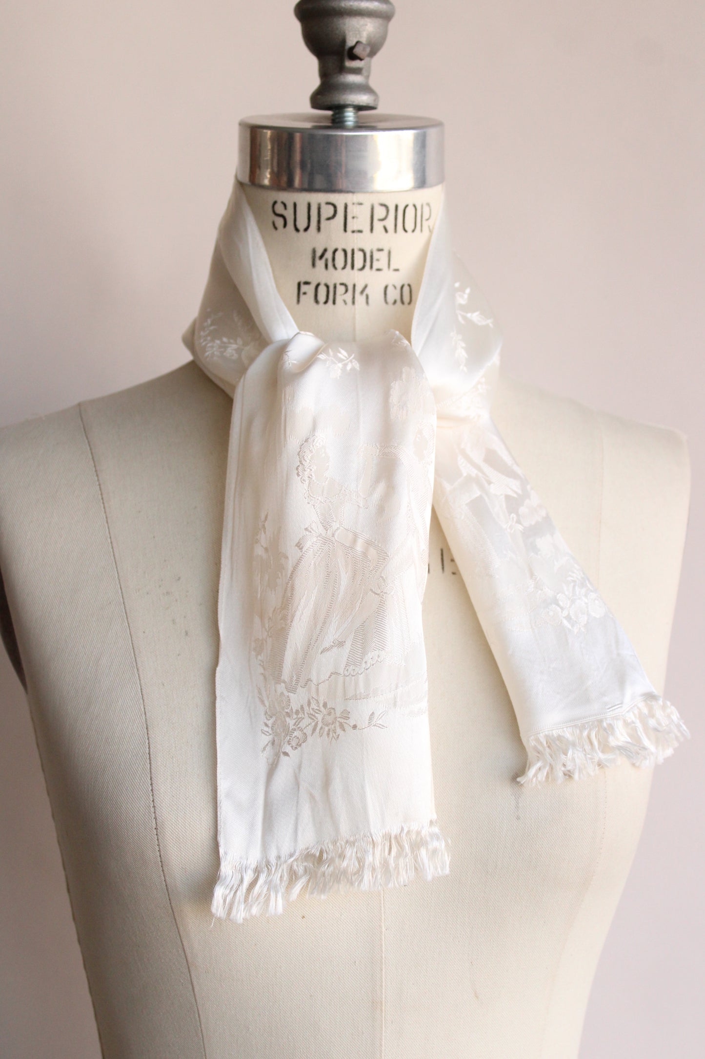 Vintage Winter White Fringed Silk Scarf