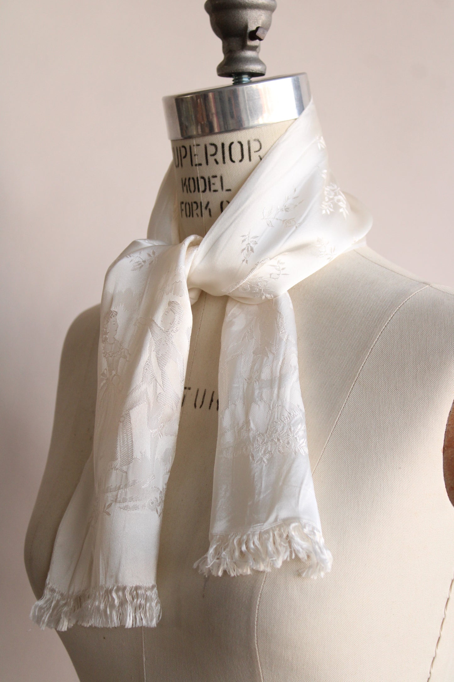 Vintage Winter White Fringed Silk Scarf