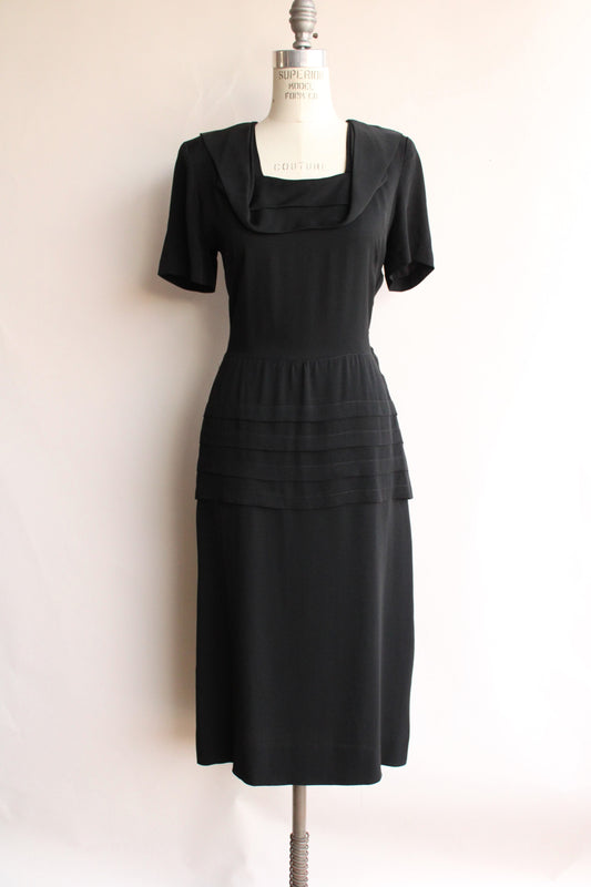 Vintage 1940s Black Rayon Dress With Square Shawl Collar