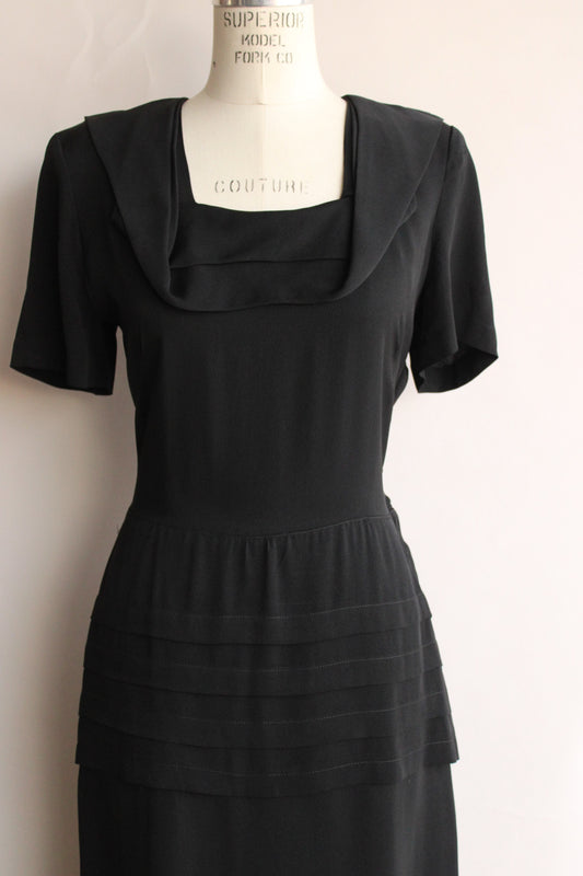 Vintage 1940s Black Rayon Dress With Square Shawl Collar