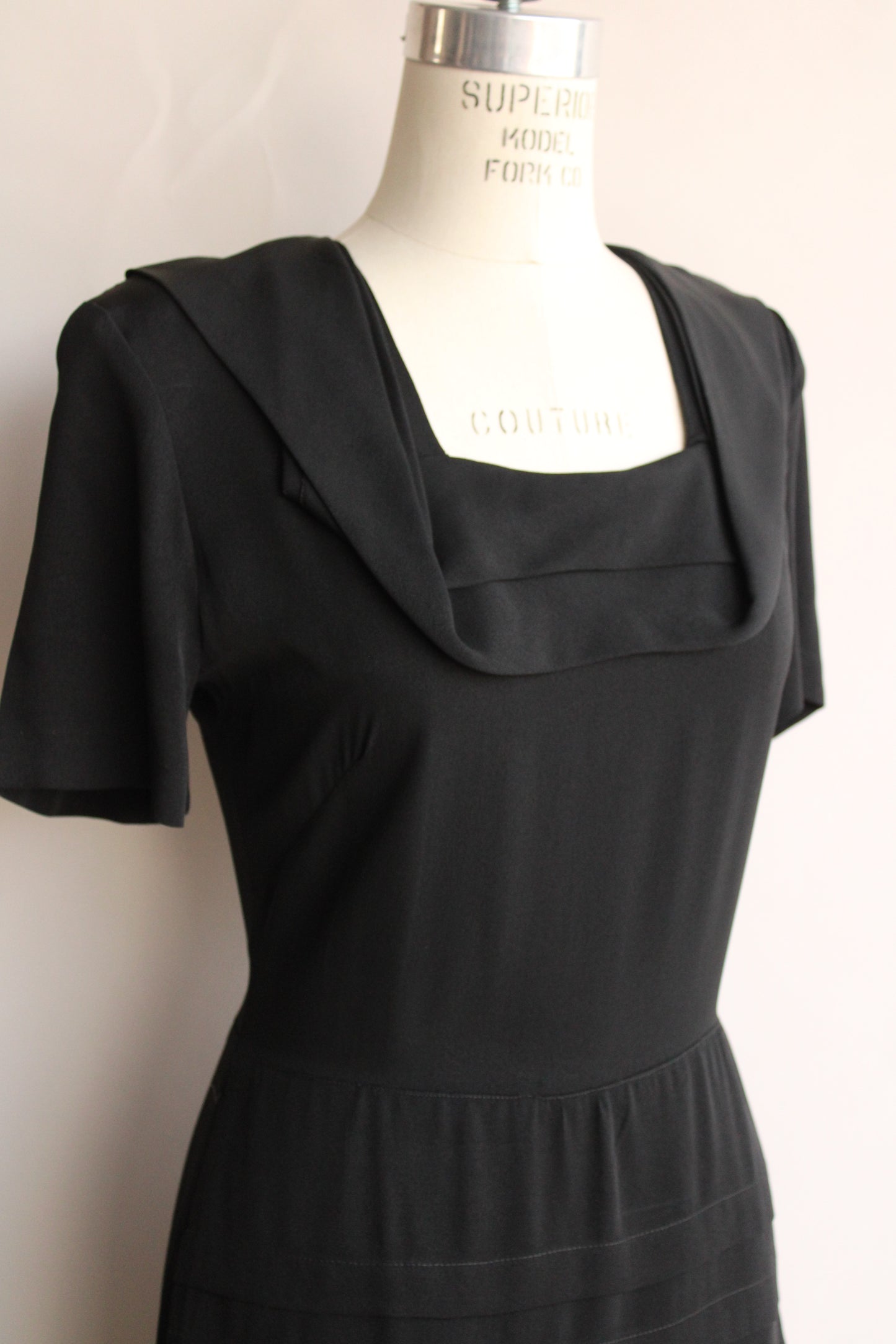 Vintage 1940s Black Rayon Dress With Square Shawl Collar