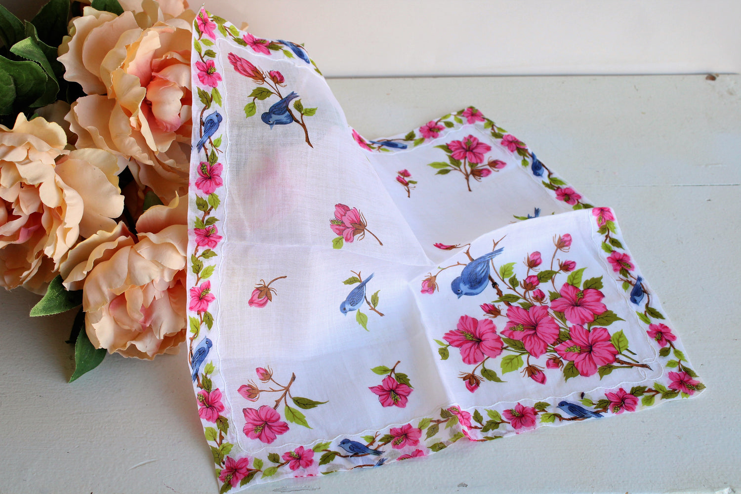Vintage Cotton Handkerchief With A Pink Flowers and Blue Birds Print