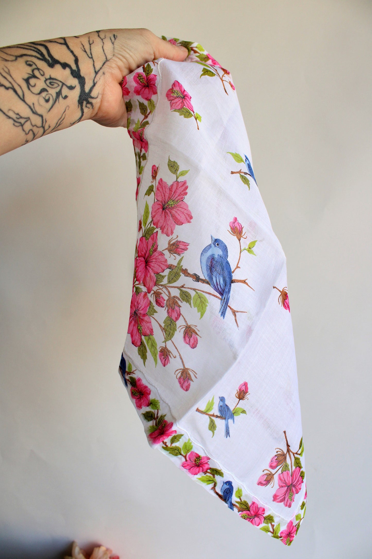 Vintage Cotton Handkerchief With A Pink Flowers and Blue Birds Print