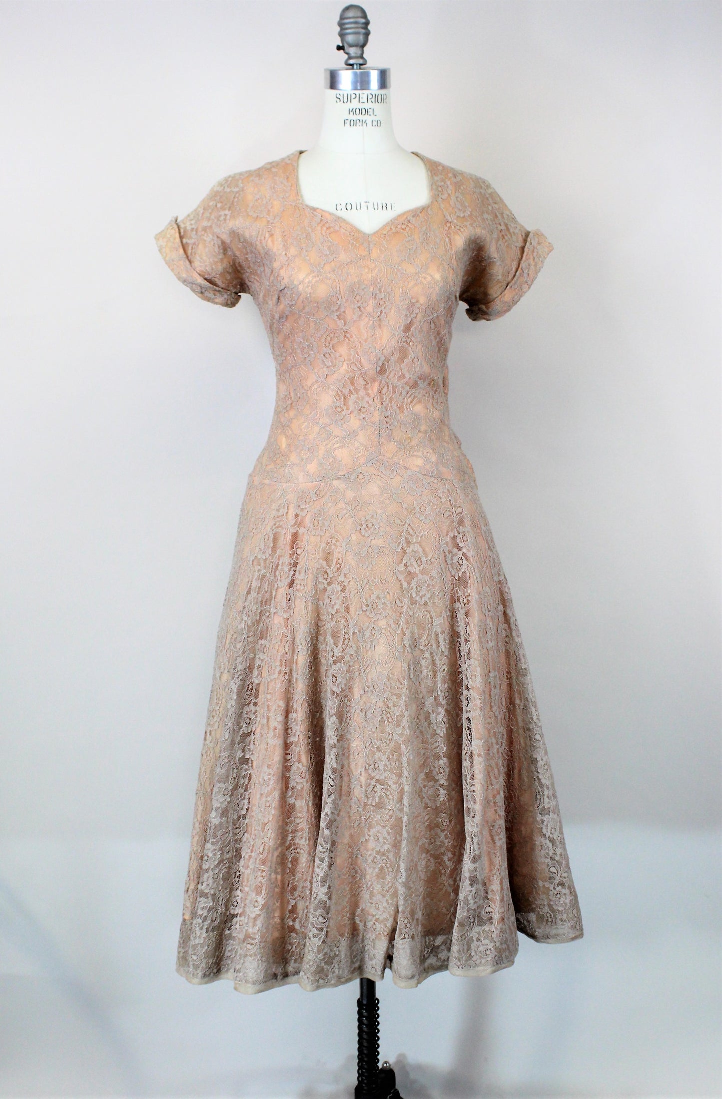 Vintage 1950s Blush Illusion Lace Fit And Flare Dress