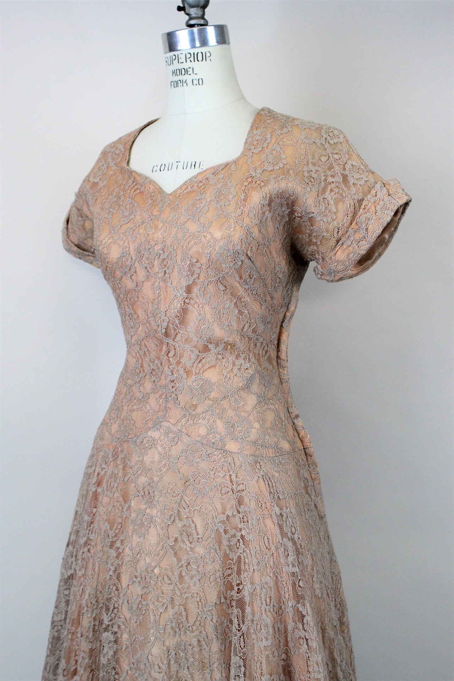 Vintage 1950s Blush Illusion Lace Fit And Flare Dress