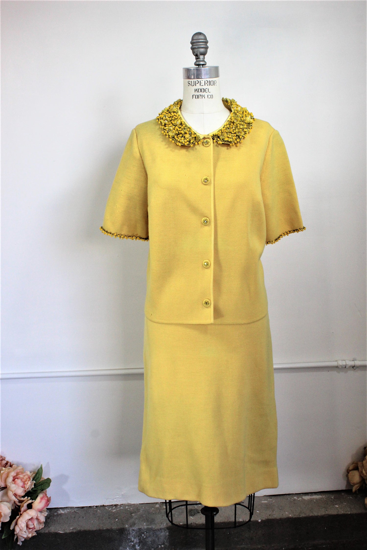 CLEARANCE: Vintage 1960s Yellow Knit Suit With Beaded Collar