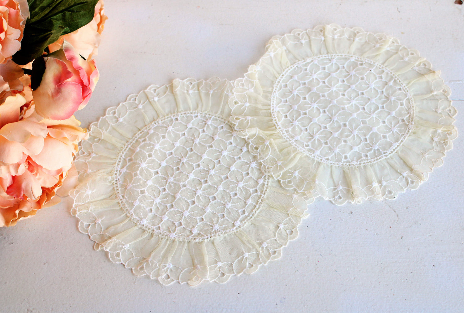 Vintage ivory Doilies with White Embroidery