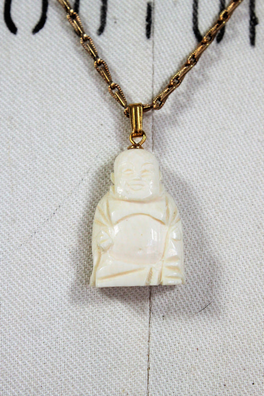 Vintage Buddha Carved Bone Necklace 