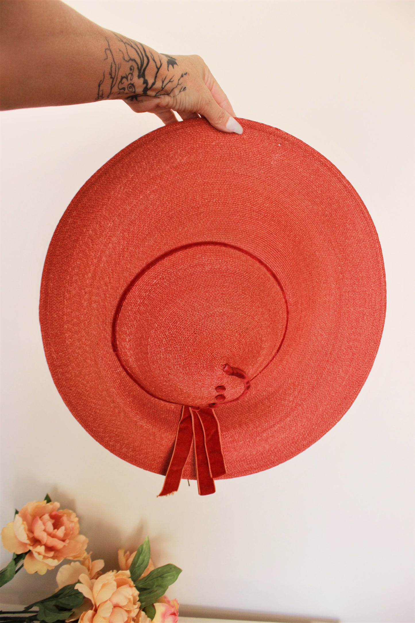 Vintage 1950s Wide Brimmed Red Straw Hat