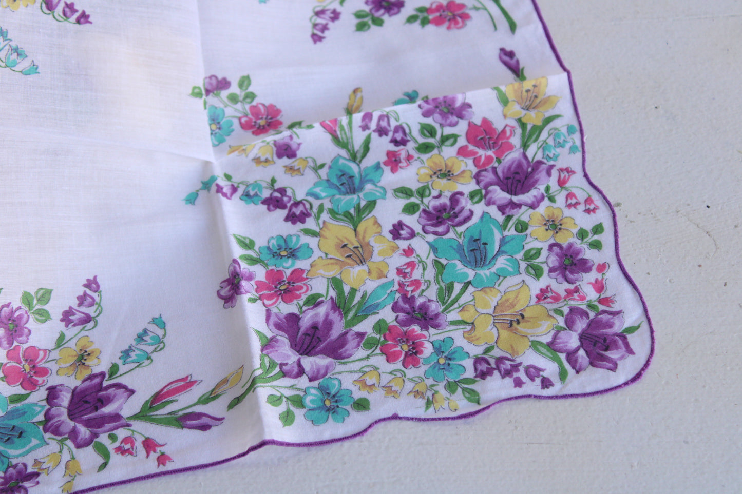Vintage Cotton Hanky with Purple and Teal Flowers